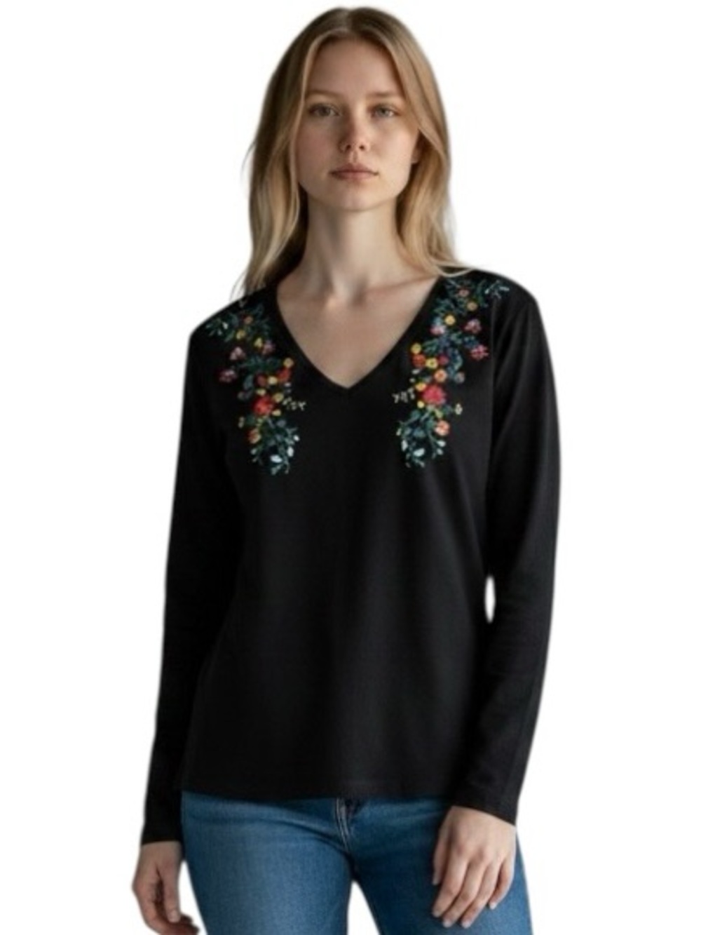 EMERY ROSE Black Floral Embroidered V-Neck Long Sleeve Top Size L Boho